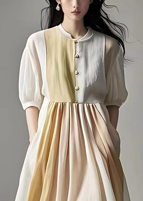 Beige Wrinkled Pockets Linen Dress Half Sleeve