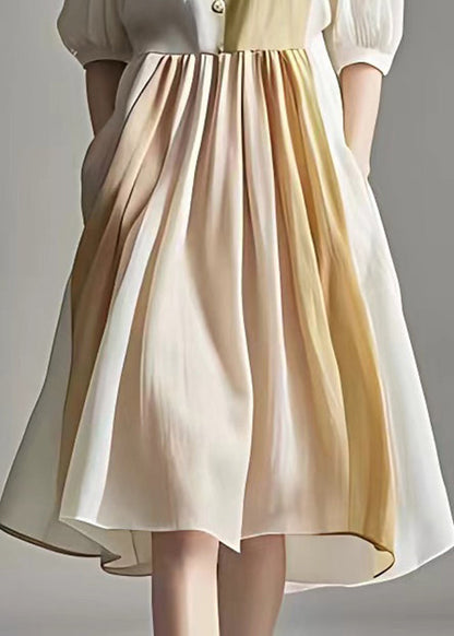 Beige Wrinkled Pockets Linen Dress Half Sleeve