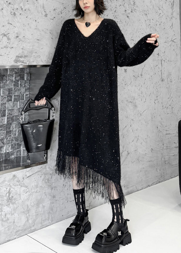 Black Asymmetrical Tulle Patchwork Sequins Cotton Knit Sweater Dress Fall