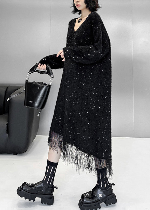 Black Asymmetrical Tulle Patchwork Sequins Cotton Knit Sweater Dress Fall