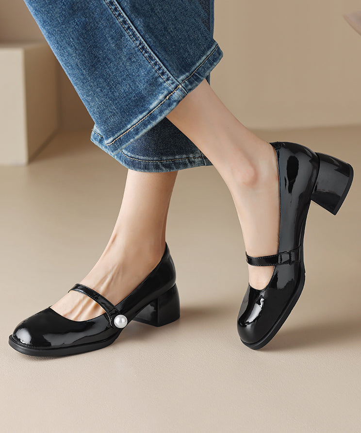 Black Buckle Strap Sheepskin Chunky High Heels