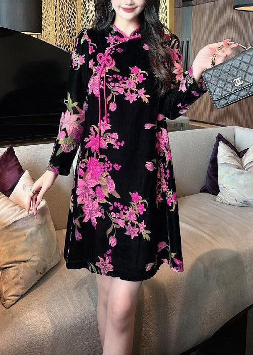 Black Chinese Button Print Silk Velour Mid Dress Long Sleeve