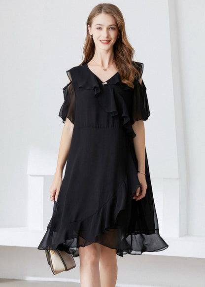 Black Cold Shoulder Ruffles Chiffon Maxi Dresses Summer
