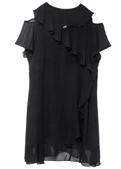 Black Cold Shoulder Ruffles Chiffon Maxi Dresses Summer