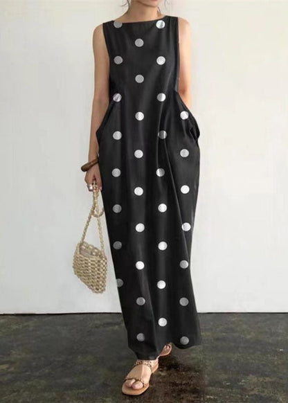 Black Dot Print Pockets Long Dresses Sleeveless