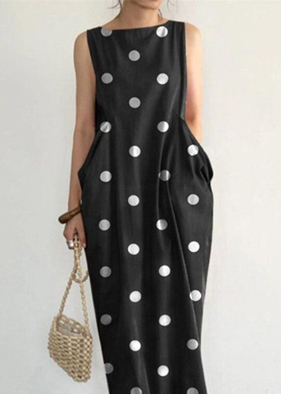 Black Dot Print Pockets Long Dresses Sleeveless