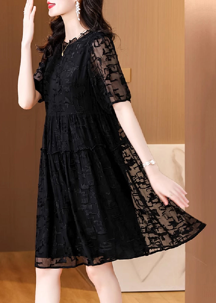 Black Embroidered Ruffled Silk Dresses Summer