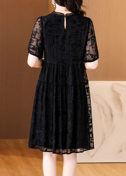Black Embroidered Ruffled Silk Dresses Summer