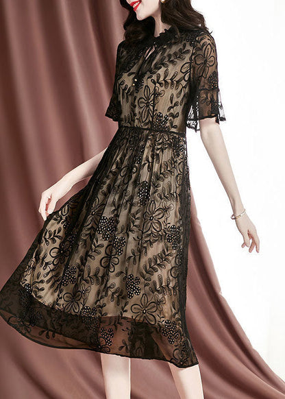 Black Embroideried Hollow Out Silk Long Dresses Summer
