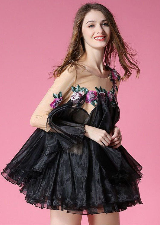 Black Embroideried Patchwork Organza Mini Dress Bracelet Sleeve
