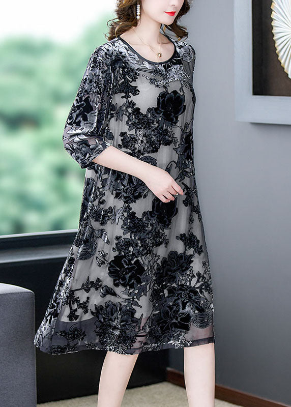 Black Grey Embroideried Patchwork Silk Dresses Summer