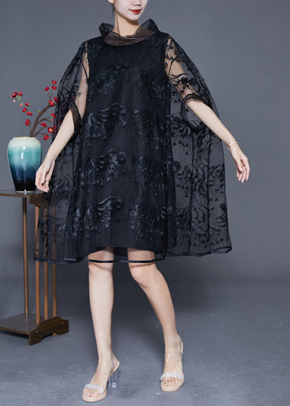 Black High Neck Embroideried Hollow Out Tulle Dress Cloak Sleeves