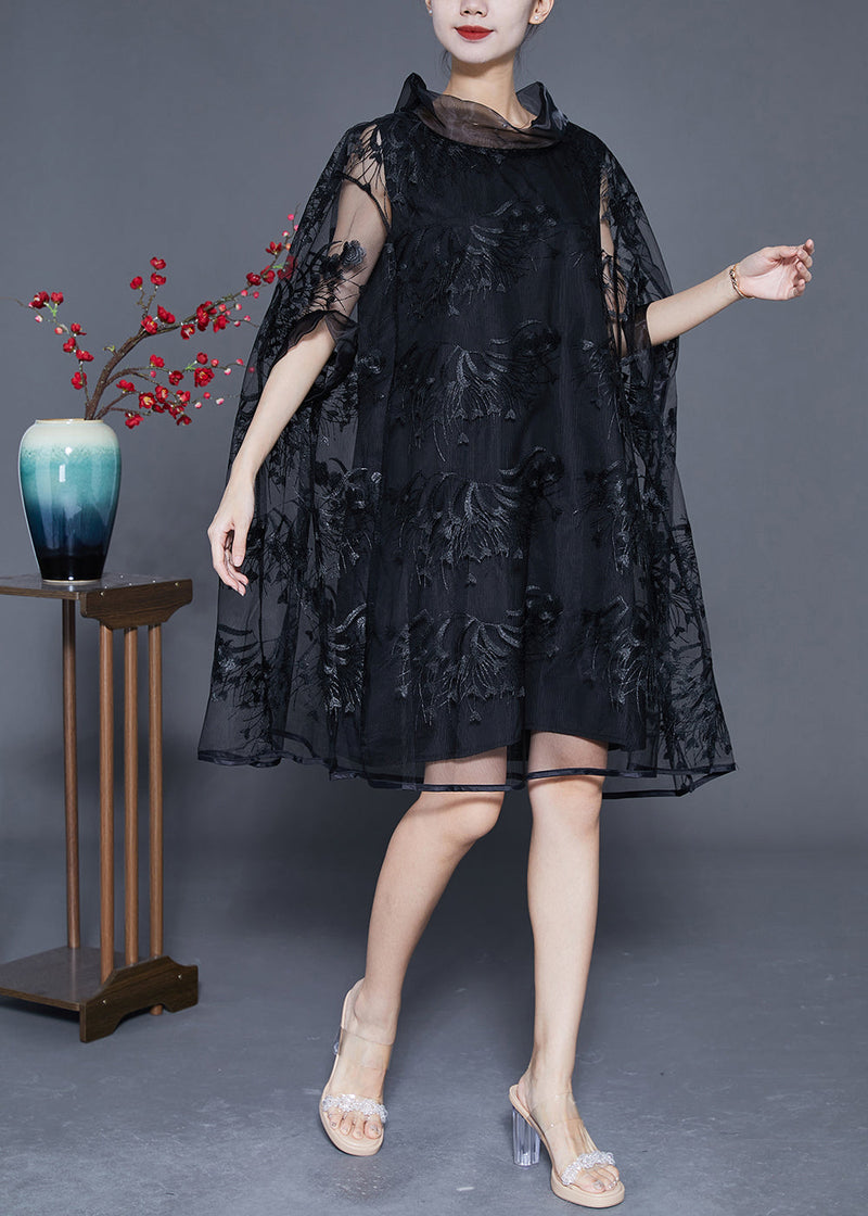 Black High Neck Embroideried Hollow Out Tulle Dress Cloak Sleeves
