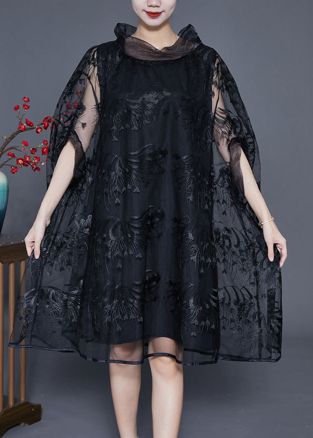 Black High Neck Embroideried Hollow Out Tulle Dress Cloak Sleeves
