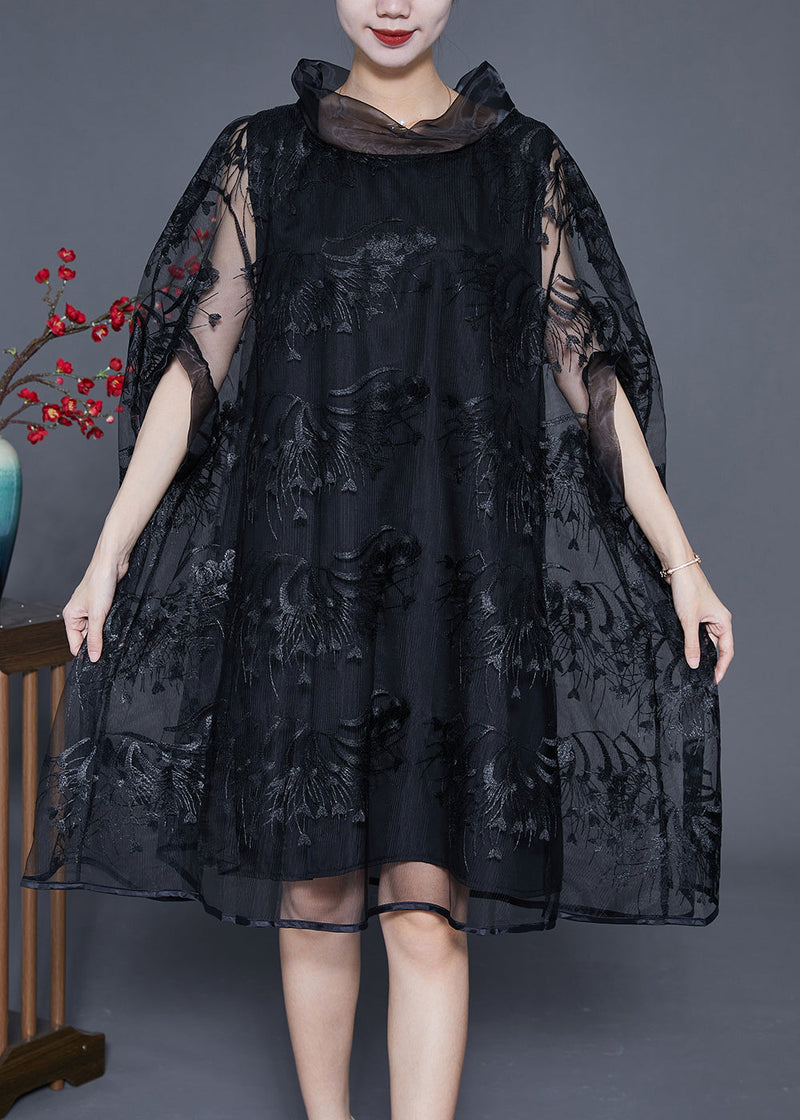 Black High Neck Embroideried Hollow Out Tulle Dress Cloak Sleeves