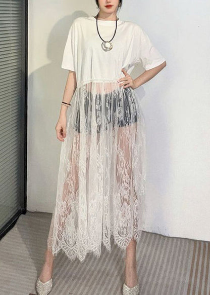 Black Hollow Out Lace Patchwork T Shirt Dress Summer