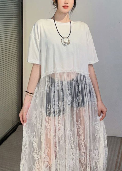 Black Hollow Out Lace Patchwork T Shirt Dress Summer