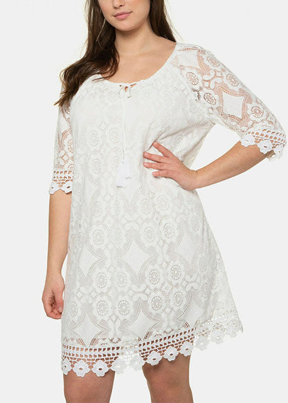 Black Hollow Out Party Lace Mid Dress Half Sleeve