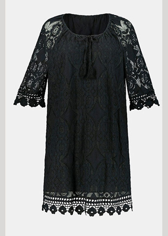 Black Hollow Out Party Lace Mid Dress Half Sleeve