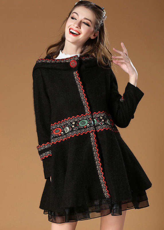 Black Hooded Embroideried Woolen Coat Winter