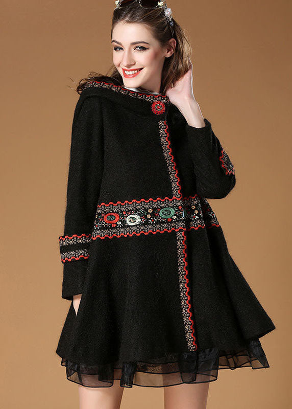 Black Hooded Embroideried Woolen Coat Winter