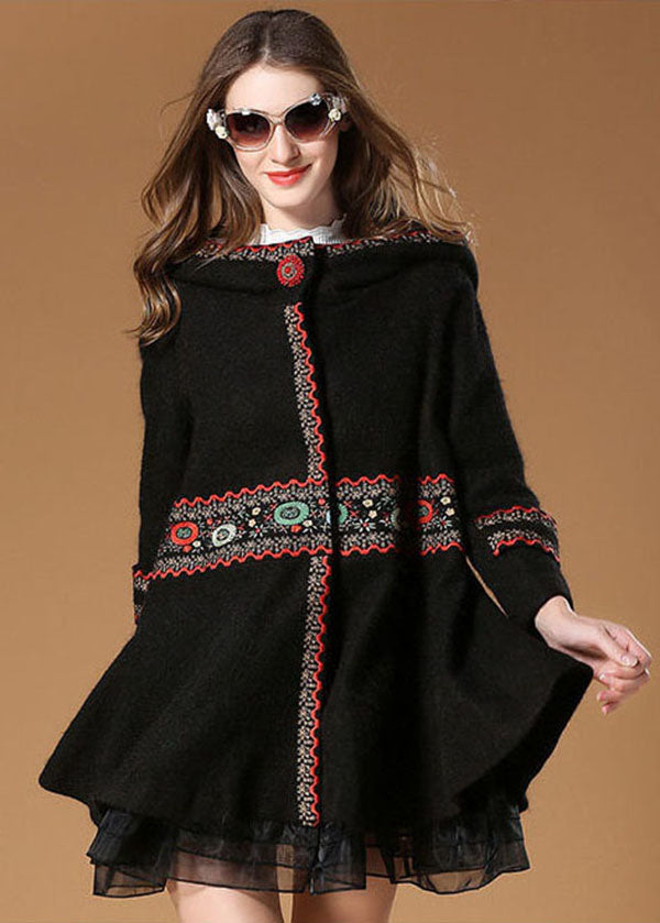 Black Hooded Embroideried Woolen Coat Winter