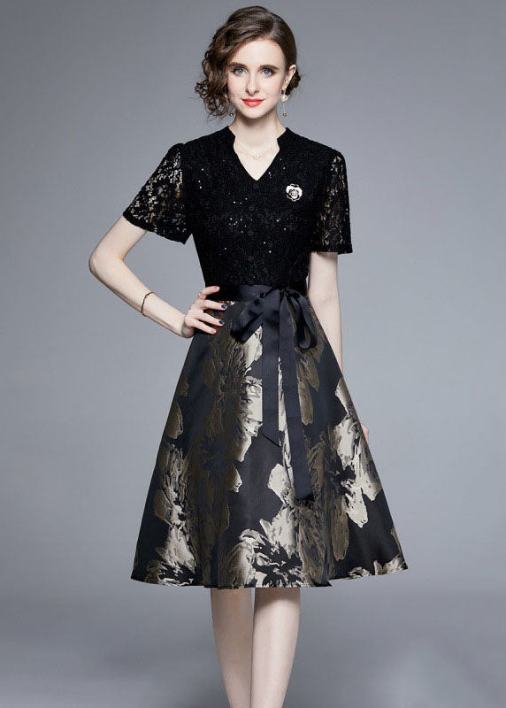 Black Lace Jacquard Patchwork Tie Waist Silk Mid Dress Summer