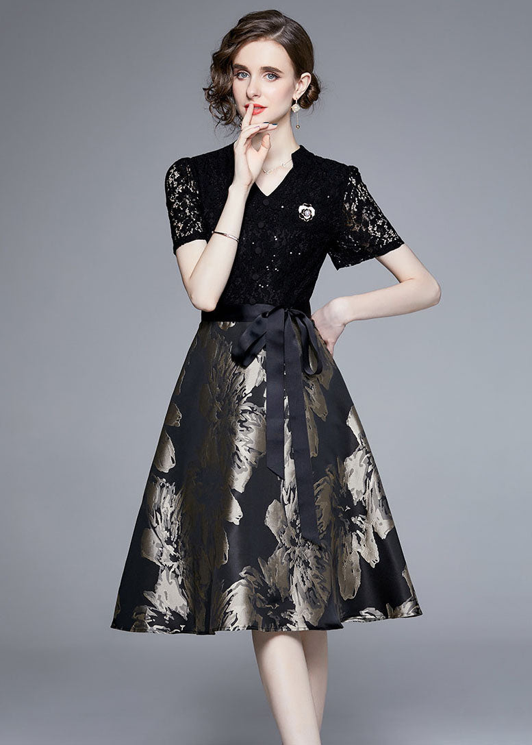 Black Lace Jacquard Patchwork Tie Waist Silk Mid Dress Summer
