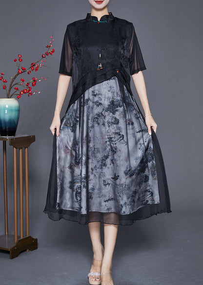 Black Mandarin Collar Patchwork Print Chiffon Dresses Summer