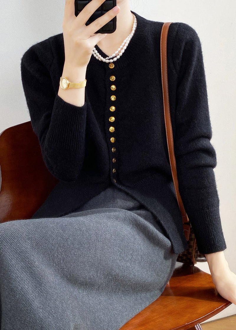 Black O Neck Button Fitted Knit Cardigan Spring