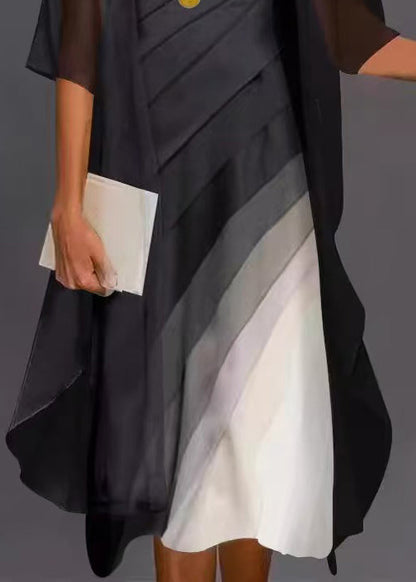 Black O-neck Cardigans and Dress Two Pieces Set Half Sleeve