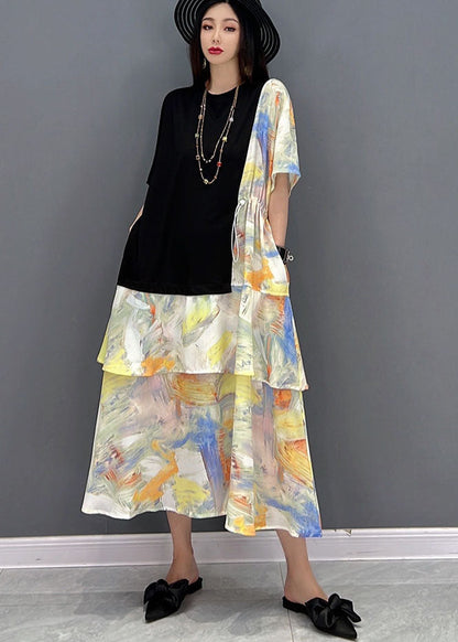 Black O-neck Drawstring Patchwork Print Cotton Holiday Dress Short Sleeve