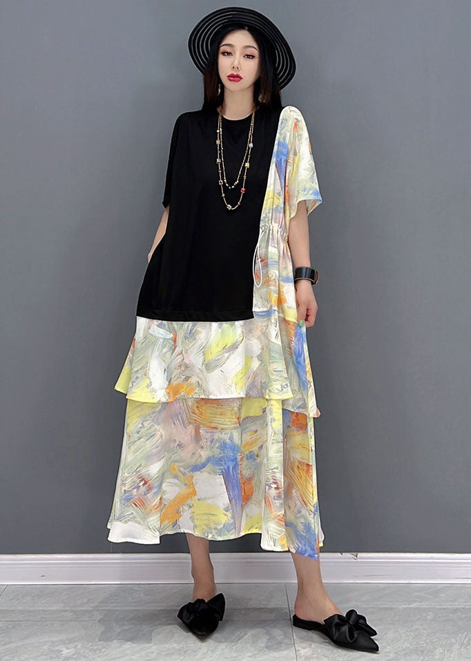 Black O-neck Drawstring Patchwork Print Cotton Holiday Dress Short Sleeve