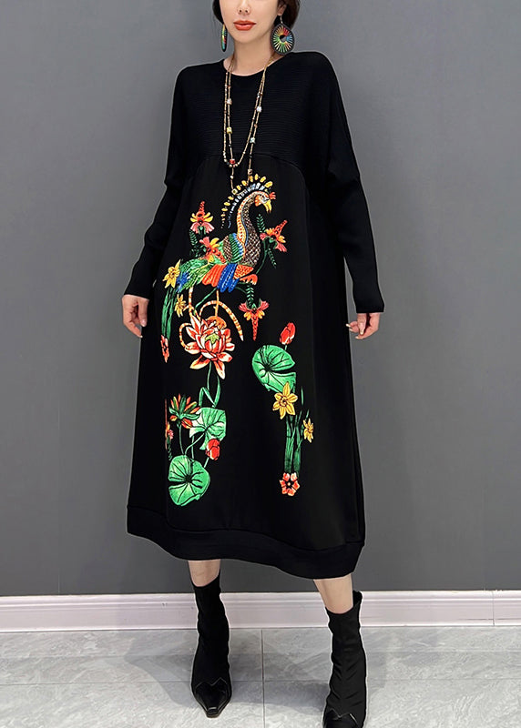 Black O-neck Embroideried Knit Maxi Dress Fall
