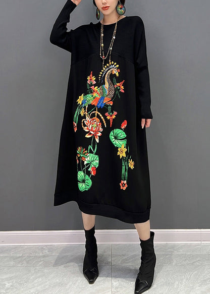 Black O-neck Embroideried Knit Maxi Dress Fall