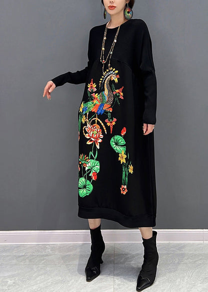 Black O-neck Embroideried Knit Maxi Dress Fall