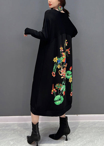 Black O-neck Embroideried Knit Maxi Dress Fall