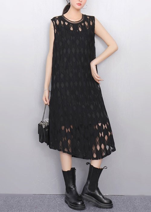 Black O Neck Hollow Out Tulle Long Dresses Sleeveless