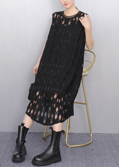 Black O Neck Hollow Out Tulle Long Dresses Sleeveless