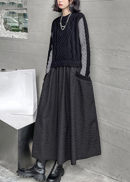 Black O-neck Patchwork Knit Maxi Dresses Winter