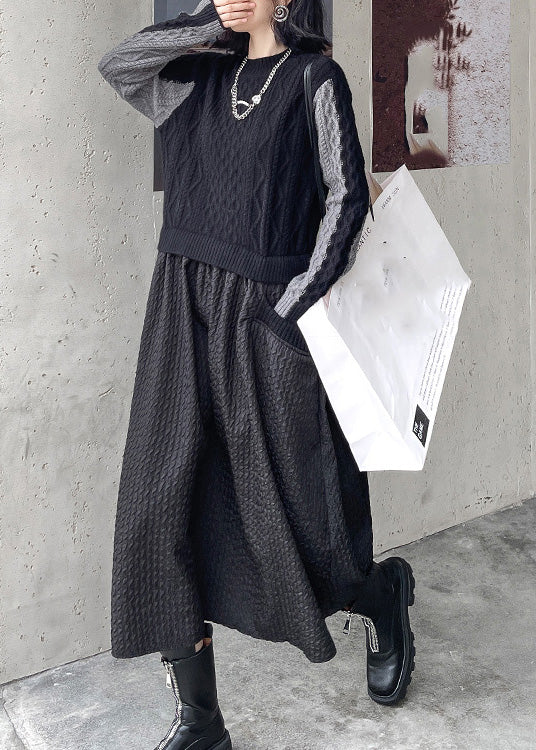 Black O-neck Patchwork Knit Maxi Dresses Winter