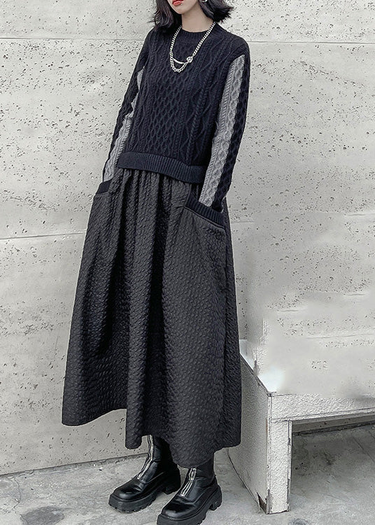 Black O-neck Patchwork Knit Maxi Dresses Winter