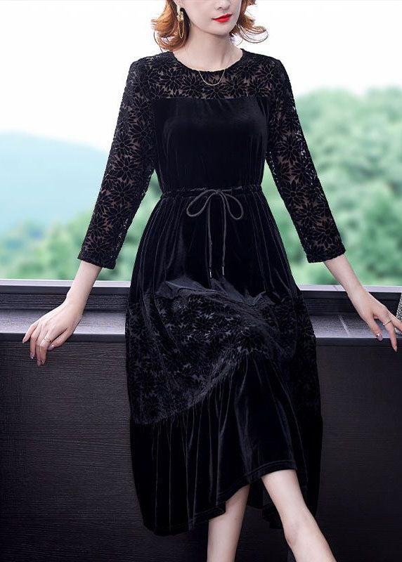 Black O-neck Patchwork Tie Waist Silk Velour Dress Bracelet Sleeve