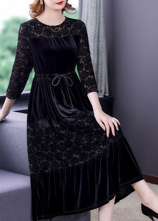 Black O-neck Patchwork Tie Waist Silk Velour Dress Bracelet Sleeve