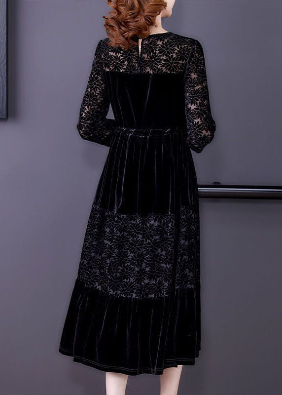 Black O-neck Patchwork Tie Waist Silk Velour Dress Bracelet Sleeve