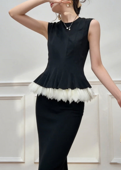 Black O-neck Patchwork Top and Maxi Skirts Two Pieces Set Summer