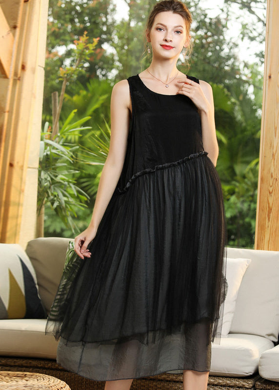 Black O-neck Patchwork Tulle Long Dresses Sleeveless