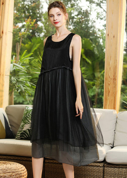 Black O-neck Patchwork Tulle Long Dresses Sleeveless