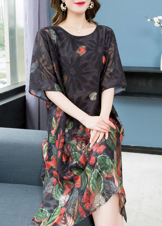 Black O Neck Print Patchwork Chiffon Mid Dress Summer