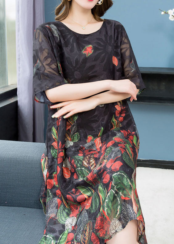 Black O Neck Print Patchwork Chiffon Mid Dress Summer